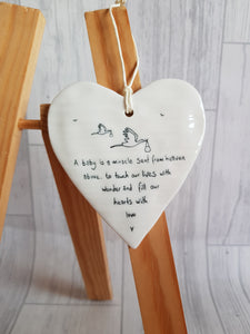 East of India - Ceramic Hanging Heart - A Baby is a Miracle