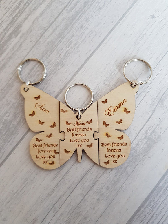 butterfly keyring, friends keyring, 3 piece keyring 