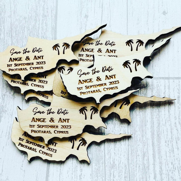 Country cut out favours, save the dates or placement names, Destination Wedding